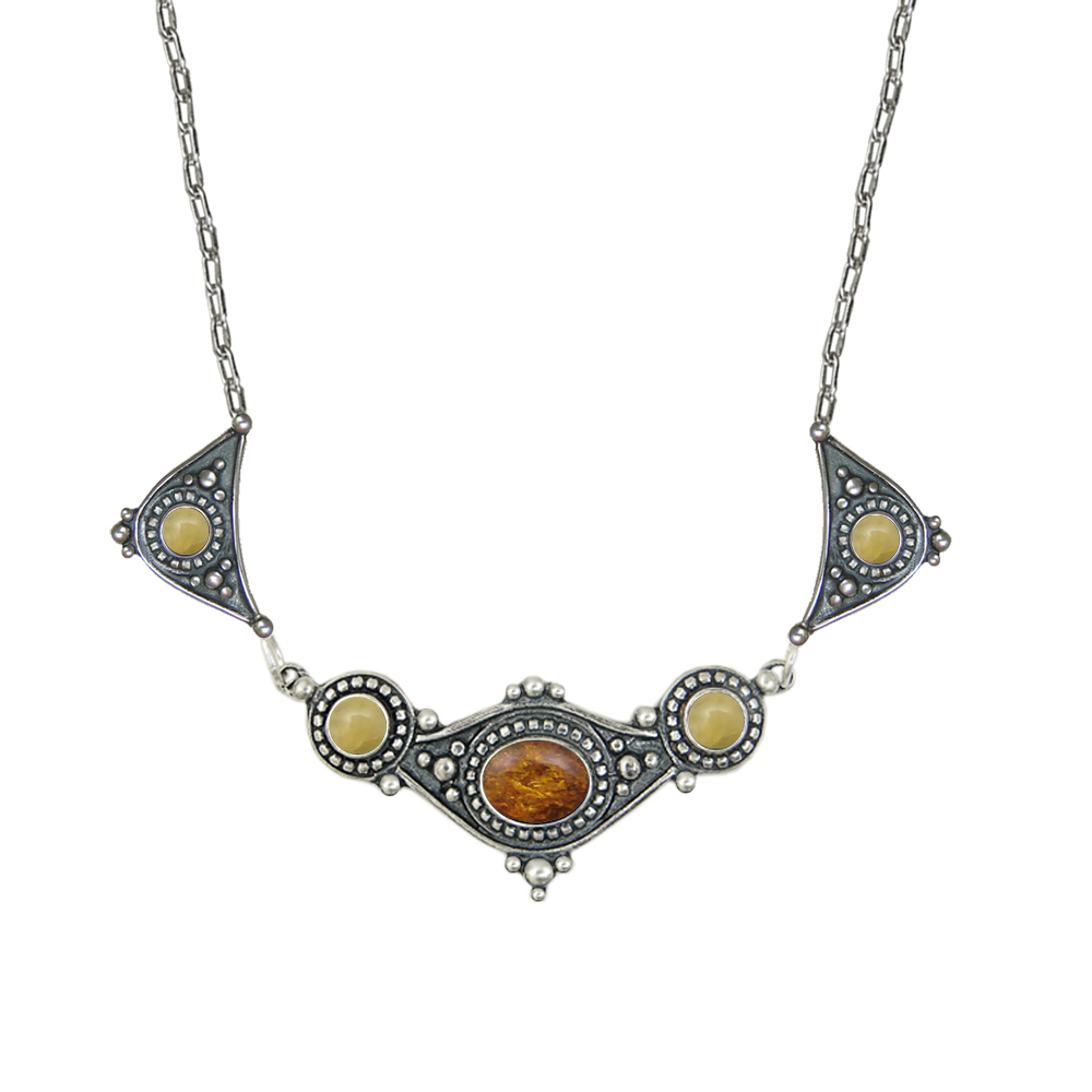 Sterling Silver Romantic Necklace With Amber And Yellow Aragonite